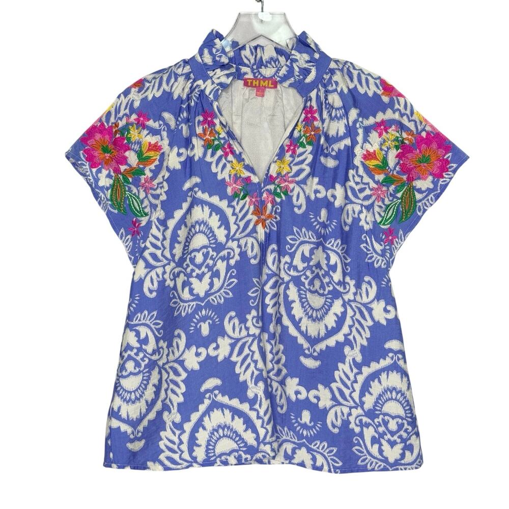 THML Two Tone Mixed Print Top Floral Embroidery Details S Blue Pink Boho Chic